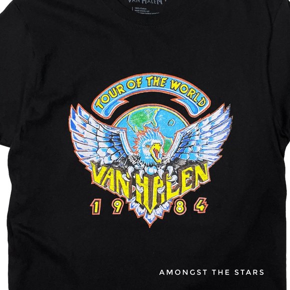 Van Halen Tour Of The World 1984 Vintage Print Oversized Black Band T-Shirt - Picture 2 of 6
